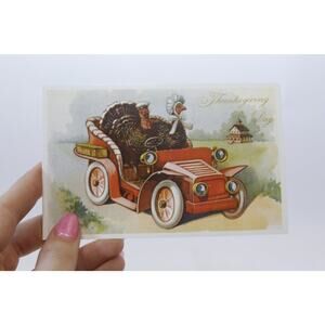 Thanksgiving Day, Funny Two Turkeys Driving Red Car, 1900s, Antique Postcard